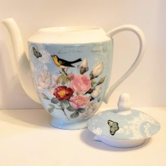 Stechcol Gracie Tea Pot with Roses, Butterflies, and a Bird in Blue - Picture 5 of 7